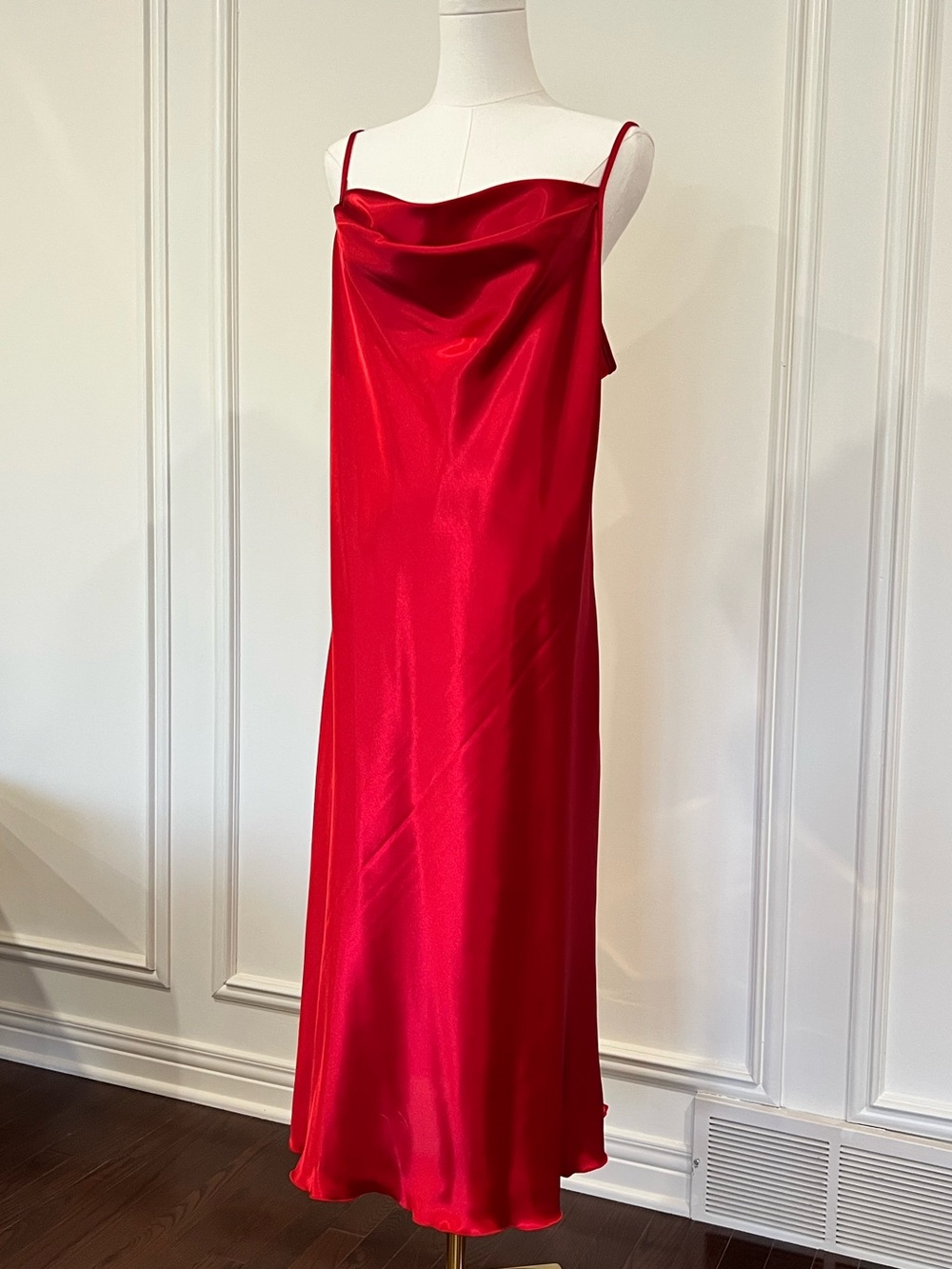 Bebe Red Satin Cowl Neck Bias Slip Midi Dress Y2K 90s Sirencore Old Hollywood
